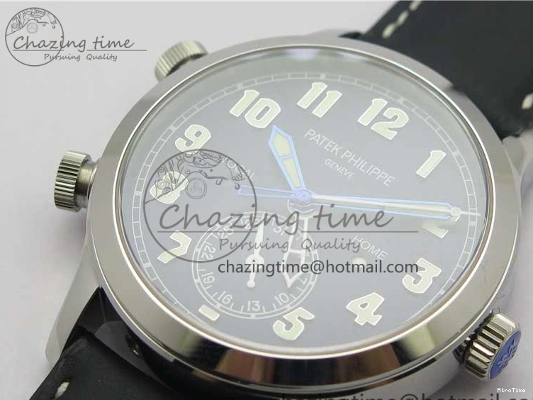 MIROTIME 0404 Practical Calatrava 5524 Pilot Travel Time SS GRF Blue Dial on Black Leather Strap A324 V 7107